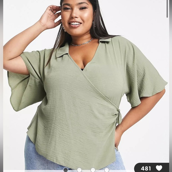 ASOS Curve Tops - ASOS DESIGN Curve collared wrap blouse in khaki